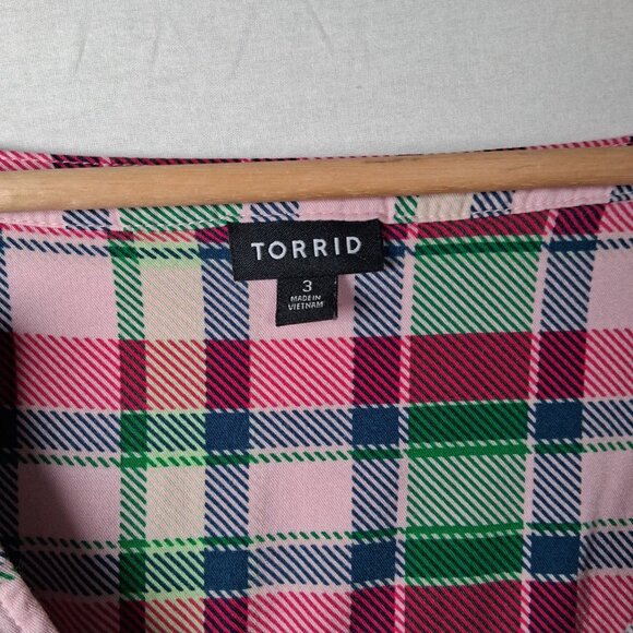 Torrid Dress Size 3 Plus Size 3X Pink Green Blue Pliad Roll Sleeve Midi Zip - Picture 15 of 16